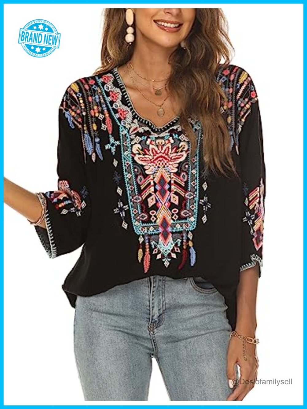 Mexican Embroidered Peasant Tunic Top 3/4 Sleeve Rayon Boho Blouse